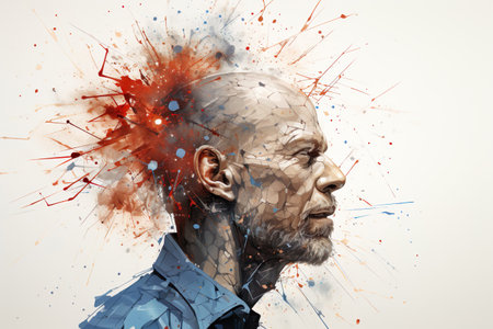 Portrait of an old man with head painted with colored splashesの写真素材