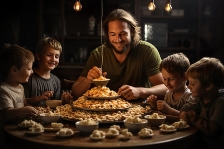 Happy father and his children eating tasty candies in kitchen at homeの素材