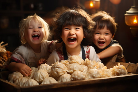Group of happy kids playing with dumplings in the kitchen at home. National Dumpling Dayの素材