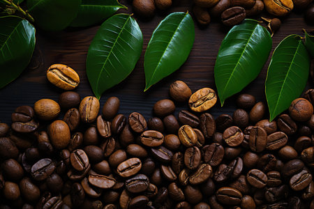 Coffee beans and green leaves on wooden background. Top view. International coffee day. AI Generated.の写真素材