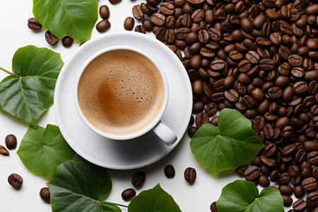 Cup of coffee and green leaves on white background, top view. International coffee dayの写真素材