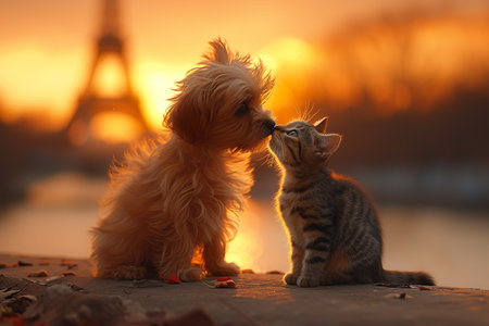 Cute puppy and kitten sitting near Eiffel tower at sunset, Valentine's Dayの写真素材