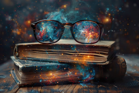 Glasses and old books on a wooden table. Reading concept. Teacher's day. Education concept.