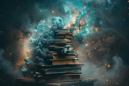 Pile of old books on a dark background with smoke and stars. Teacher's day. Education concept.