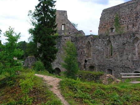 The ruins of old castle placed at forest, Latvia の写真素材