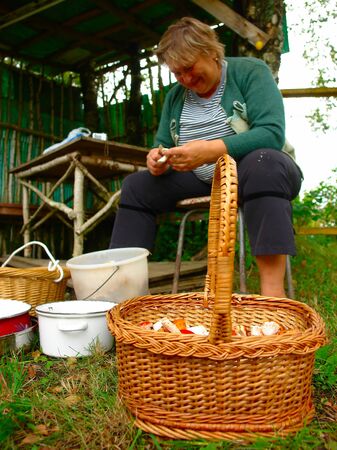 Female Slicing Mushrooms. Shallow depth of field is used, with focus on the  mushrooms.の写真素材