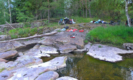 Resting place of tourists on bikes in the mountains of Norwayの写真素材