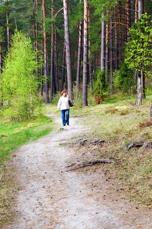Woman walking purposefully through beautiful, sunlit forest.                           の写真素材