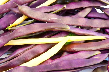 Pile of purple and yellow  string beans isolated on white