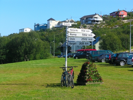 Milestone in the north of Norway, showing distances to major cities のeditorial素材