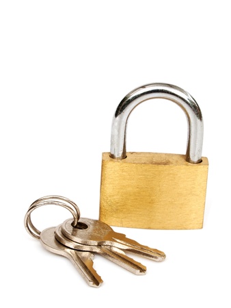 Brass lock and keys isolated on whiteの写真素材