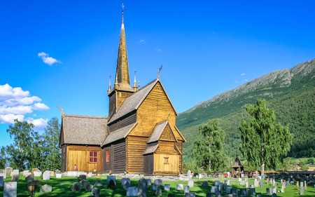 Beautiful Norwegian nature, mountains and Church in the highlandsの写真素材