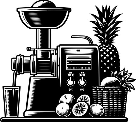 illustration of a fruit grinder and basket full of fresh fruitsのイラスト素材