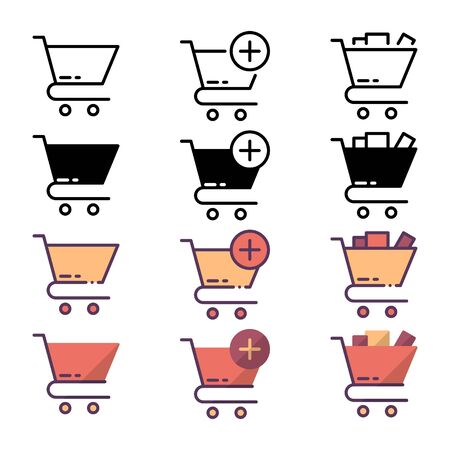 shopping cart variation icons. With outline, glyph, filled outline and flat style.のイラスト素材