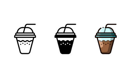 Coffee drink icon in plastic cup. With outline, glyph, and filled outline stylesのイラスト素材