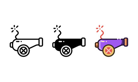 Cannon icon. With outline, glyph, and filled outline stylesのイラスト素材