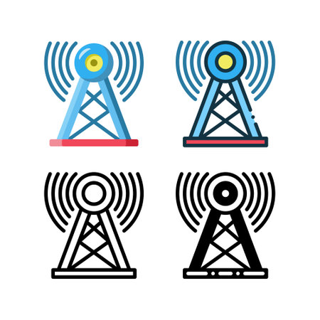 Communication tower icon. With outline, glyph, filled outline and flat stylesのイラスト素材