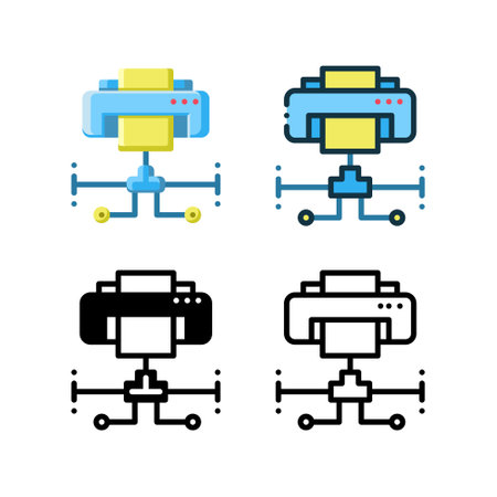 Printer sharing icon. With outline, glyph, filled outline and flat stylesのイラスト素材