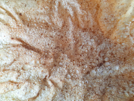 Close-up view of a jengkol cracker showing its unique texture with bubbles and golden-brown color....