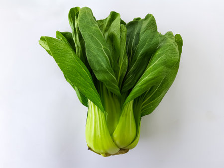 Close-up of fresh bok choy with vibrant green leaves and crisp stems, isolated on a white background. Perfect for healthy food and nutrition themesの写真素材