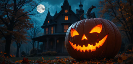 Haunted House Halloween Night â Smiling Pumpkin under Moonlightの素材