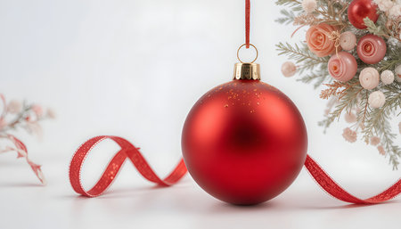 Red matte Christmas ball with shiny curled ribbon isolated on white backgroundの素材