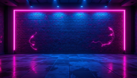 Deep blue and magenta neon-lit brick wall with vivid reflections on concrete floorの素材