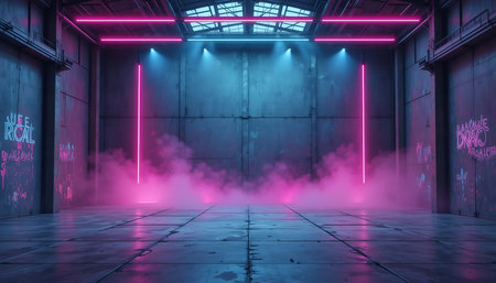 Empty dark warehouse wall with pink and teal neon lighting and grunge textureの素材
