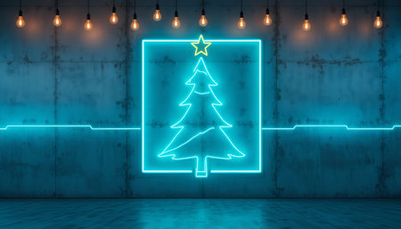 Turquoise Neon Christmas Tree Frame on Concrete Wall with Orange Bulbsの素材