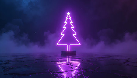 Minimal Purple Neon Tree Icon with Wet Floor Reflectionの素材