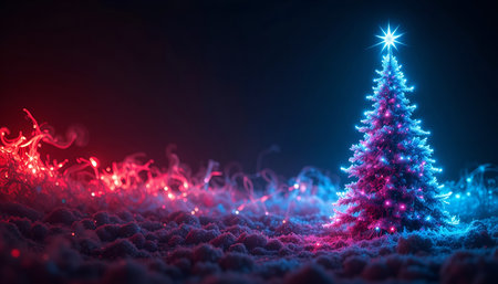 Red and Blue Neon Christmas Tree Silhouette on Dark Backgroundの素材