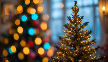 Classic Glowing Christmas Tree with Neon Edge Lights and Warm Bokehの素材