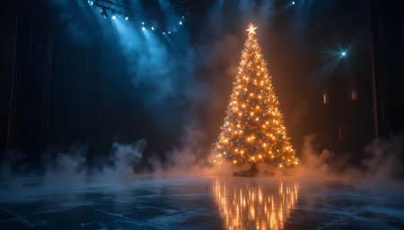 Vibrant LED Christmas Tree on Dark Studio Stageの素材