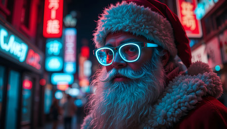 Santa Claus Wearing Glowing Glasses Under Neon Street Lightsの素材