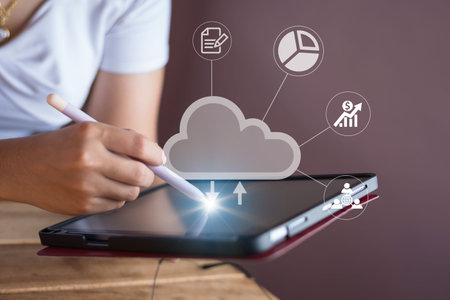 Woman use Stylus pen and Tablet cloud computing diagram. Cloud technology. Data storage. Networking...