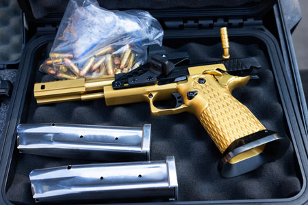 Guns or Short guns and ammunition placed in case, Guns and ammunition are ready to use. Noisy...