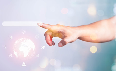 Man hand  touch Searching Box. Search Engine Optimization (SEO) Tools for Finding Customer ...