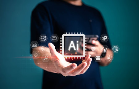 Businessman holding AI system interface icons, representing artificial intelligence solutions to...