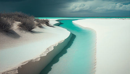 Desert landscape with turquoise water and sand dunes. AI generatedの素材