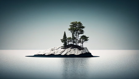 Pine tree on a rock in the sea. AI generatedの素材