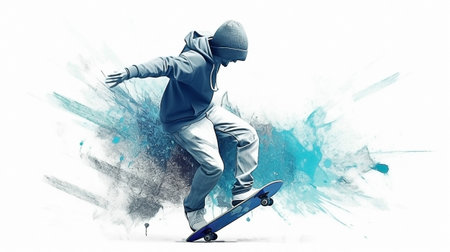 Skateboarder in jump against color splashes on white background. street fashion styles. AI generated imageの素材