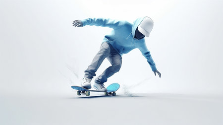 Skateboarder riding a longboard on a white background. Urban street fashion styles. AI generated imageの素材