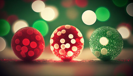 Colorful Christmas balls on bokeh background, retro tonedの素材