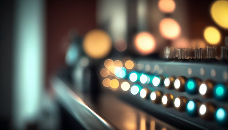 Close-up of sound mixer control panel with colorful bokehの素材