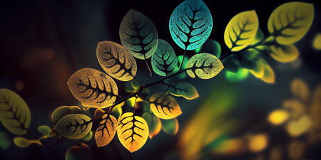 3d illustration of green leaves glowing in the dark with bokehの素材