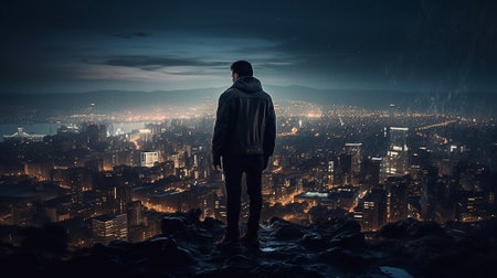 Young man looking at night city panoramic view. cinematic.の素材