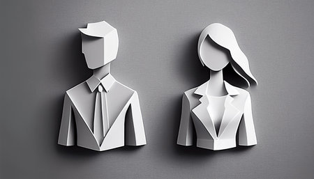 Paper cut of business man and woman on grey background. icon and symbols 3d renderingの素材