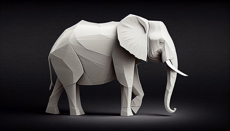 Elephant made of polygonal origami paper on black backgroundの素材