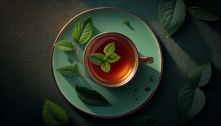 A cup of tea with mint leaves on a dark background, top viewの素材