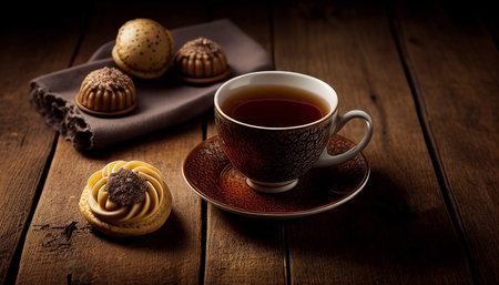 Cup of tea and chocolate truffles on wooden table.の素材